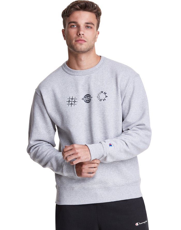 Champion Powerblend Fleece Crew Multi-Logos Erkek Sweatshirt Gri ( CXLBFW150 )